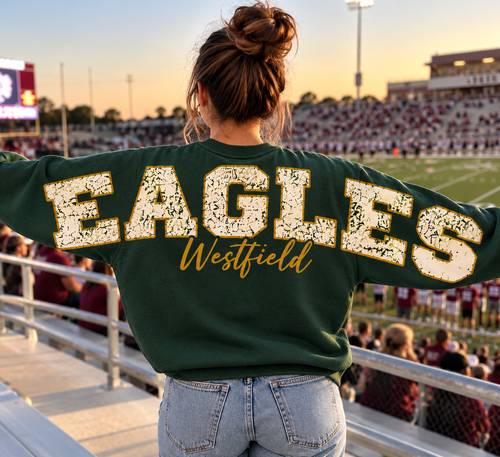 Deep Forest crewneck EAGLES Westfield varsity design worn at stadium